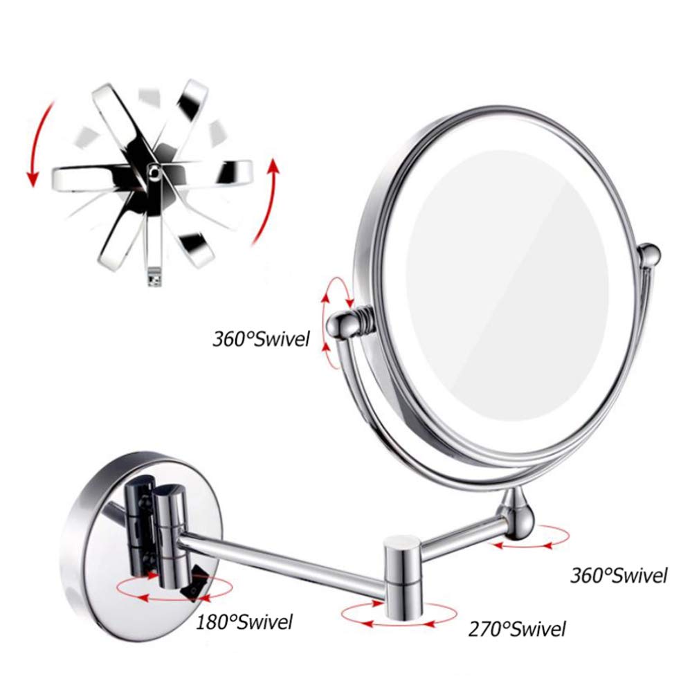 Espejo de tocador de maquillaje con luces, espejo de belleza montado en la pared de dos caras, espejo de baño con aumento 3X, espejo cosmético giratorio de 360 °, plateado (alimentado por enchufe