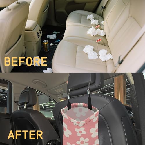 Image of Pink Groovy Flowers Car Garbage Bag, Small Car Trash Bag Hanging,Drawstring Car Garbage Bag with Adjustable Buckle for Car Back Seat,SUVs,Camping,Road Trips