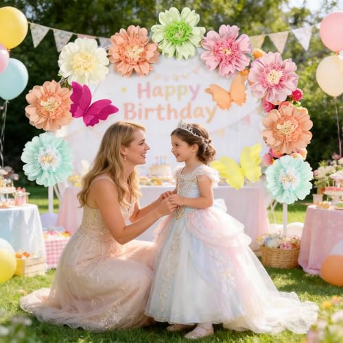 Image of SUNBEAUTY Giant Paper Flowers Large Hanging Butterfly Decorations 10'' 17'' 3D Paper Butterfly Pastel Tissue Paper Flower Decorations for Girls Women Birthday Spring Garden Garden Wedding Party Decor