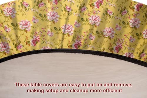 Image of The Furnishing Tree Elastic Cotton Round Dining Table Cover 36x36 in Inches Floral Pink Rose on Yellow Base