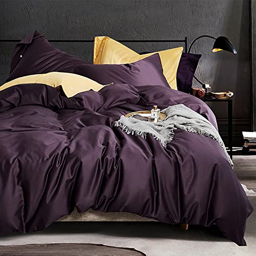 Image of EAVD Solid Color Dark Purple Duvet Cover Queen Soft 100% Cotton Purple Bedding with 2 Button Pillowcases Luxury Modern Style Purple Comforter Set with Zipper Closure(NO Comforter)