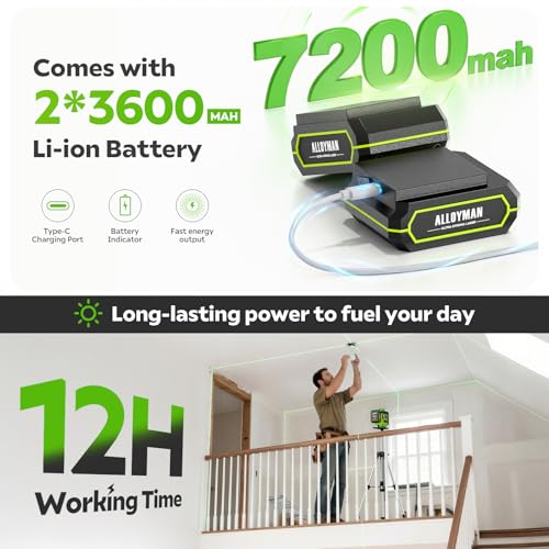 Image of Alloyman Laser Level with Tripod, 4 x 360 Self Leveling Laser Level, Nivel Laser Green Line Lazer Leveler Tool for Picture Hanging, Home Renovation, Indoor Project, 2*Battery&Carrying Bag Included