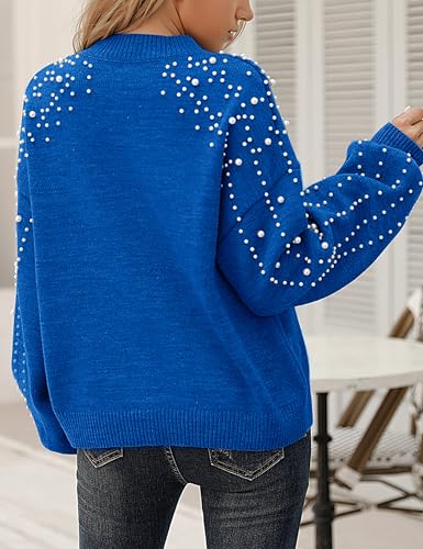 Image of Blooming Jelly Women's Chunky Sweater Crewneck Sweatshirt Knit Lantern Sleeve Oversized Pullover Sweater with Pearls