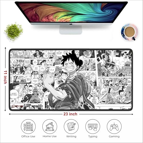 Image of Pirate Anime Mouse Pad 11x23 Inch 2mm Extended Gaming Desk Mat with Anti-Slip Rubber Base Mousepad for Smooth Surface Desk pad for PC & Laptop Use Waterproof & Stiched (Black /White) Deskpad