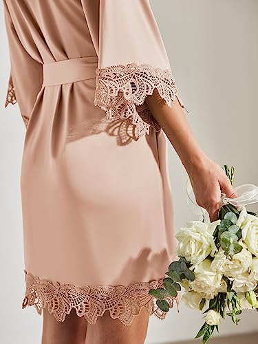 Sioro Women's Silk Satin Lace Trim Embroidery Bathrobe 3/4 Sleeve Bridesmaid Bride Bathrobes For Wedding Party Sleepwear #TOP4