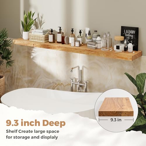 Image of RICHFOCUS Elm Floating Shelves for Wall - 55 inch W x 9.3 inch D Rustic Solid Wood Shelves with Invisible Bracket, Wall-Mounted for Living Room, Bedroom, Kitchen Storage & Display, Set of 1, Natural