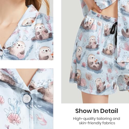 Image of Silk Satin Pajama Set for Women Summer Lounge Pjs Sets 2 Piece Suit Ladies Button Down Tops And Shorts Sleepwear
