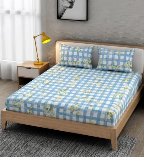 Image of 350 TC Premium Heavy Cotton Feel Elastic Fitted Bedsheet King Size with 2 Pillow Covers | All Around Elastic | Soft & Breathable Double Bed Sheet | (YellowCheck, Fitted - 72 inchx78 inch King)