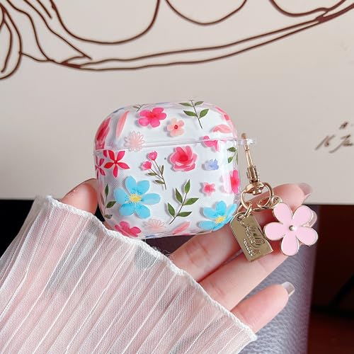 Image of MINSCOSE for AirPods 4 Clear Case,Cute Floral Leaves Pattern Design with Girly Flower Keychain,Soft Silicone Protective Shockproof Cover with Cleaner Kit for Girls Women for Airpod 4-Blue