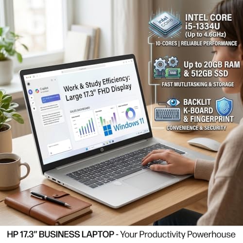 Image of HP 17.3 inch Business Laptop, 20GB RAM 512GB SSD, FHD Anti-Glare Display, Intel 10-Core i5-1334U (Up to 4.6GHz), Backlit Keyboard, Fingerprint Reader, Win 11 Pro, Copilot AI for Office Work & Study