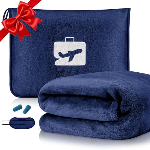 Flintronic Coperta da Viaggio 2 in 1, 155 x 130 cm, morbida coperta aeronautica con federa e tappi per le orecchie, ultraleggera per vacanze, ufficio, casa, viaggi d'affari (blu