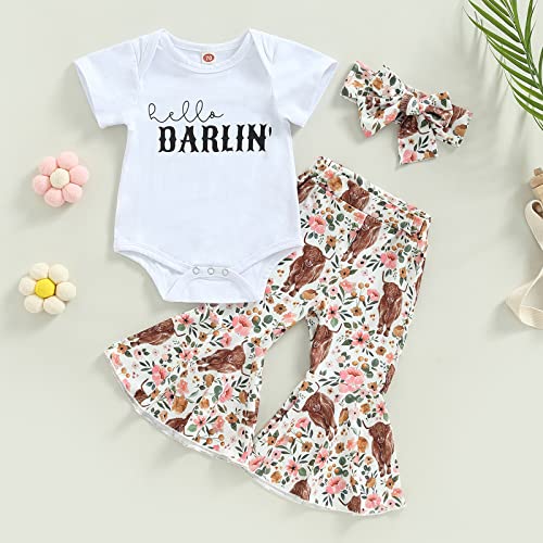 Western Baby Girl Clothes Letter Print Short Sleeve Romper Cow Print Flare Pants Headband 3Pcs Summer Outfits Set2