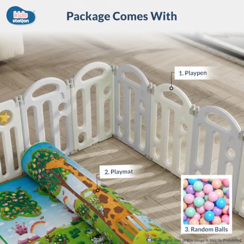 Image of Kids Station 180 x 200 cm Frog Grey Baby Playpen with Playmat & 20 Colourful Balls, Spacious Safety Play Yard for Infants & Toddlers, Strong Frame, Easy Assembly, Indoor /Outdoor