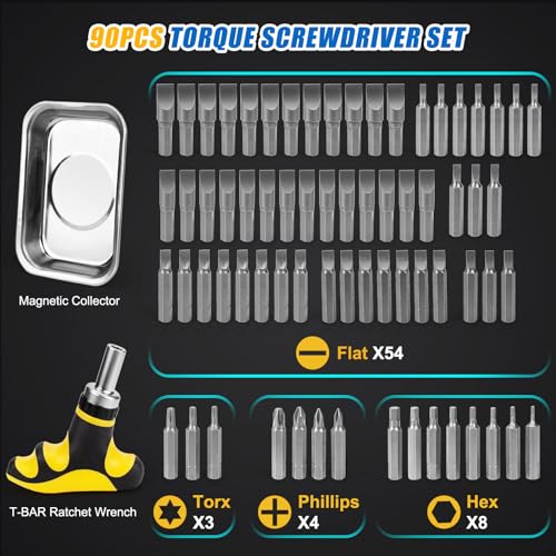 Image of YIYEIE 90Pcs Master Torque Screwdriver Set, 10-70 IN.LB, Inch Pound Torque Screw Driver with S2 Bits, Includes Flat, Hex, Torx, and Phillips Bits, T-BAR Ratchet Wrench, All in One Torque Tool Kit