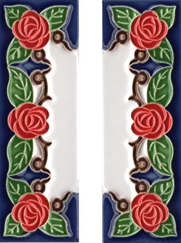 Hausnummern, italienische Keramik-Zahlen und Buchstaben, Rosendesign, Fliesengröße: 10 cm x 3,5 cm, 3 bis 6 Fliesenrahmen (Enden (2 Fliesen-Set))