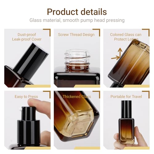 Segbeauty 2pcs 50ml Empty Refillable Glass Pump Bottle, 1.69oz Glass Containers Dispenser Gradient Brown Empty Bottles Travel Size Lotion Bottle with Pump for Essential Oil Blends Cream Lotion2