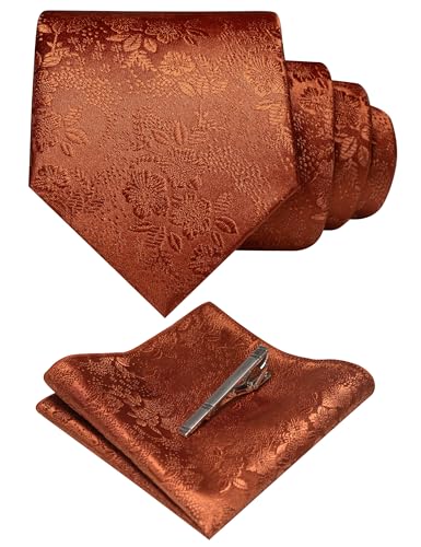 JEMYGINS Silk Burnt Orange Rust Floral Tie Necktie and Pocket Square, Hankerchief and Tie Bar Clip Sets for Men(52)