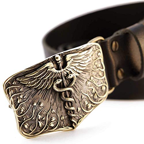 Leather belt with brass buckle Caduceus, Handmade Medical Corps solid brass belt buckle on leather belt4