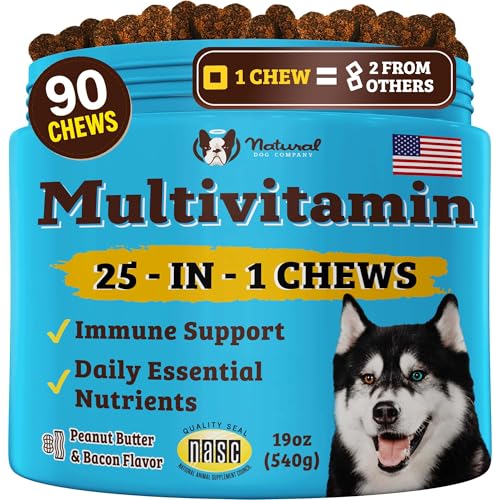 Natural Dog Company 25-in-1 Multivitamin for Dogs – 90 Peanut Butter & Bacon Flavor Dog Vitamin Soft Chews – Complete Daily Support for Joints, Immune System, Skin & Coat – All Life Stages