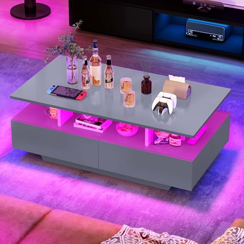 YITAHOME Couchtisch Grau, Wohnzimmertisch Hochglanz mit 16-Farbiger LED Beleuchtung Modern, Beistelltisch Weiss mit Offenem Ausstellungsregal und 4 Ausziehbaren Schubladen 90x55x41,1 cm