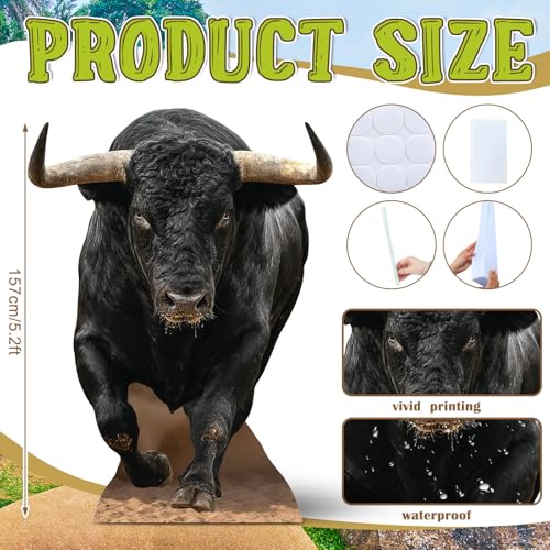 Image of Geelin 5.2 ft Bull Cardboard Cutout Life Size Animal Stand up Western Cowboy Photo Booths Prop Stand-up for Farm Zoo Western Themed Birthday Party Decoration Supplies