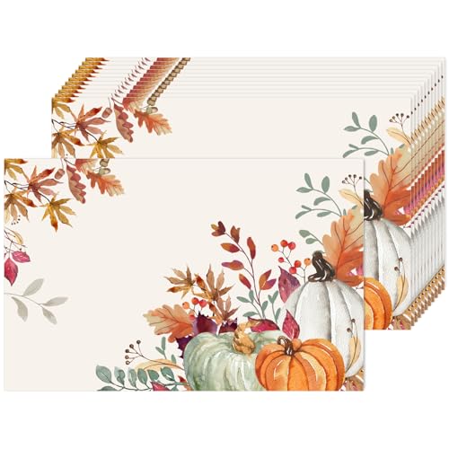 JarThenaAMCS 50 Pack Fall Paper Place Mats 11 x 17 Inch Autumn Pumpkin Leaves Paper Table Mats Disposable Watercolor Placemat for Thanksgiving Harvest Birthday Party Dinner Table Setting