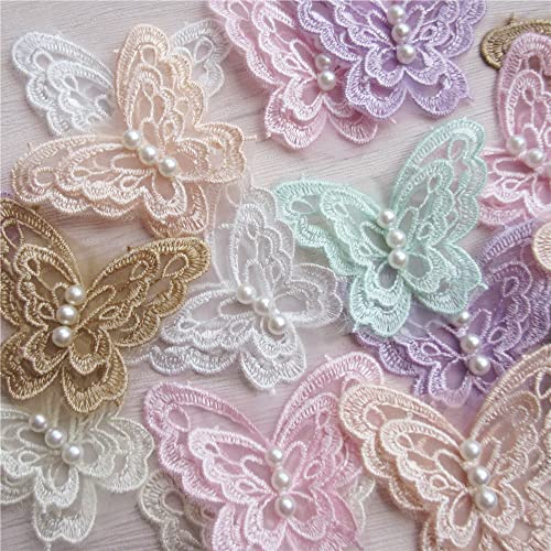 Qiuda SHK100 50Pcs 3D Butterfly Pearl Organza Polyester Lace Trimmings Embroidered Lace Ribbon Fabric Vintage Embroidery Applique Sewing Craft Patchwork Handmade Diy Wedding Dress Clothes Decoration cover