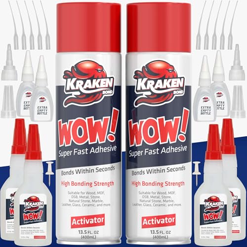 Kraken Bond Wow! CA Glue Set (4x3.5 oz) with Activator (2x13.5 oz) –Super Fast Cyanoacrylate Adhesive Kit for Wood, Plastic, Ceramic, Craft -DIY Repair –4 X Ext. Bottles & 10X Nozzles Inc. 2 Pack Kraken Bond Wow! CA Glue Set (4x3.5 oz) with Activator (2x13.5 oz) –Super Fast Cyanoacrylate Adhesive Kit for Wood, Plastic, Ceramic, Craft -DIY Repair –4 X Ext. Bottles & 10X Nozzles Inc. 2 Pack