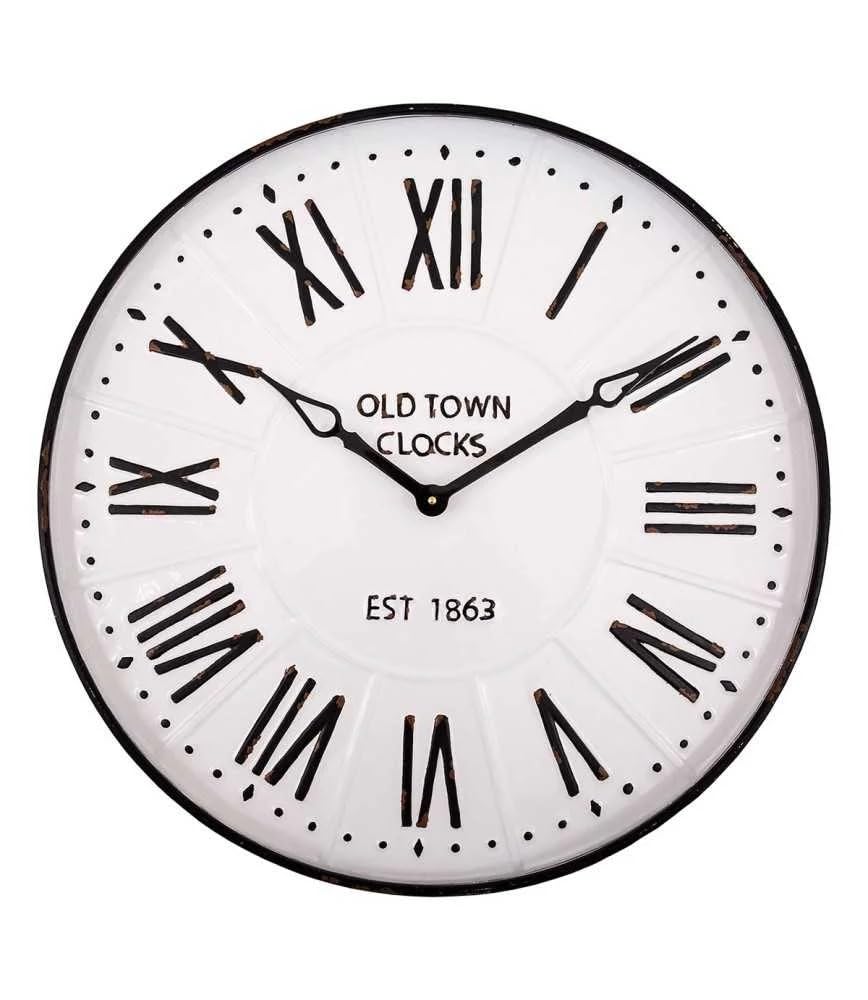 Maisonica White & Black Large 60Cm Enamelled Metal Wall Clock Old Town Cafe Theme