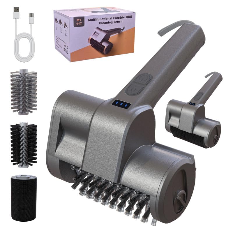 Image of Electric Grill Brush Rechargeable Grill Cleaner with 3 Heads 2 Speed 2000 RPM Torque 80KG BBQ Cleaning Brush with Safety Lock Submersible 304 SS Head Splash-Proof Scrubbe IPX7 Waterproof Silvery