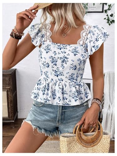 SweatyRocks Women's Floral Printed Lace Blouses Tie Back Ruffle Sleeve Square Neck Peplum Tops2