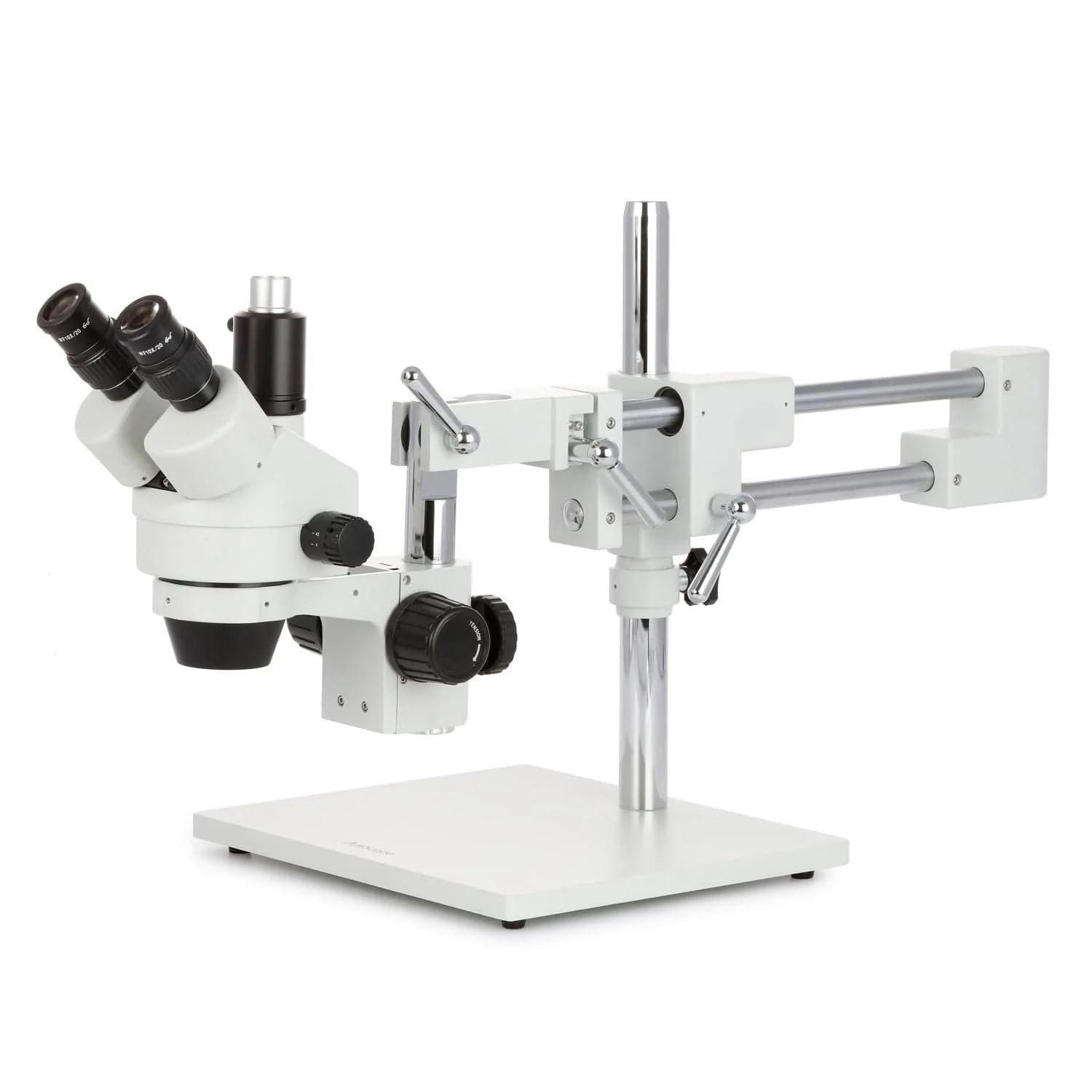 AmScope SM-4TPX Professional Trinocular Stereo Zoom Microscope with Simultaneous Focus Control, WH10x Eyepieces, 3.5X-45X Magnification, 0.7X-4.5X Zoom Objective, Ambient Lighting, Double-Arm Boom Stand, Includes 0.5X Barlow Lens