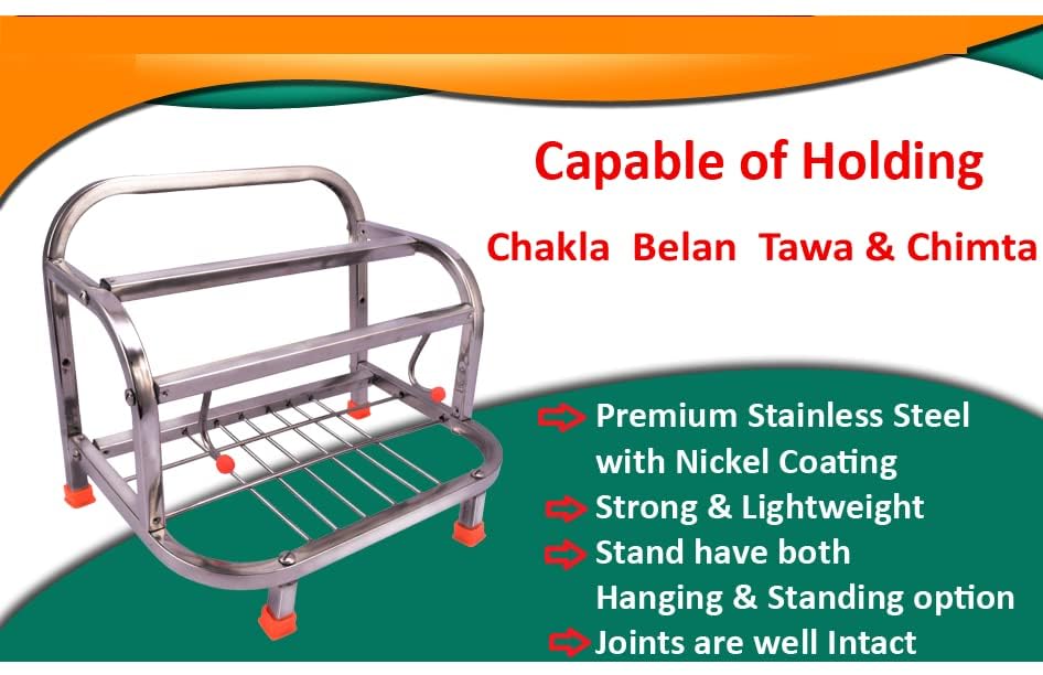 D.K 11 Stainless Steel Tava Chakla Belan Chimta Stand for Kitchen Racks | Wall Mount Rolling Pin & Board Holder | Kitchen Utensil Accessories Organizer 3