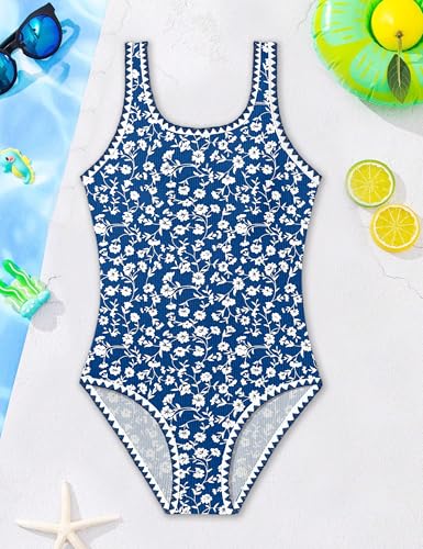Image of Qaoerde Girls Swimsuit One Piece Swimsuits Solid Color Bathing Suit Colorful Contrast Trim Adjustable Straps Swimwear 9-16Y