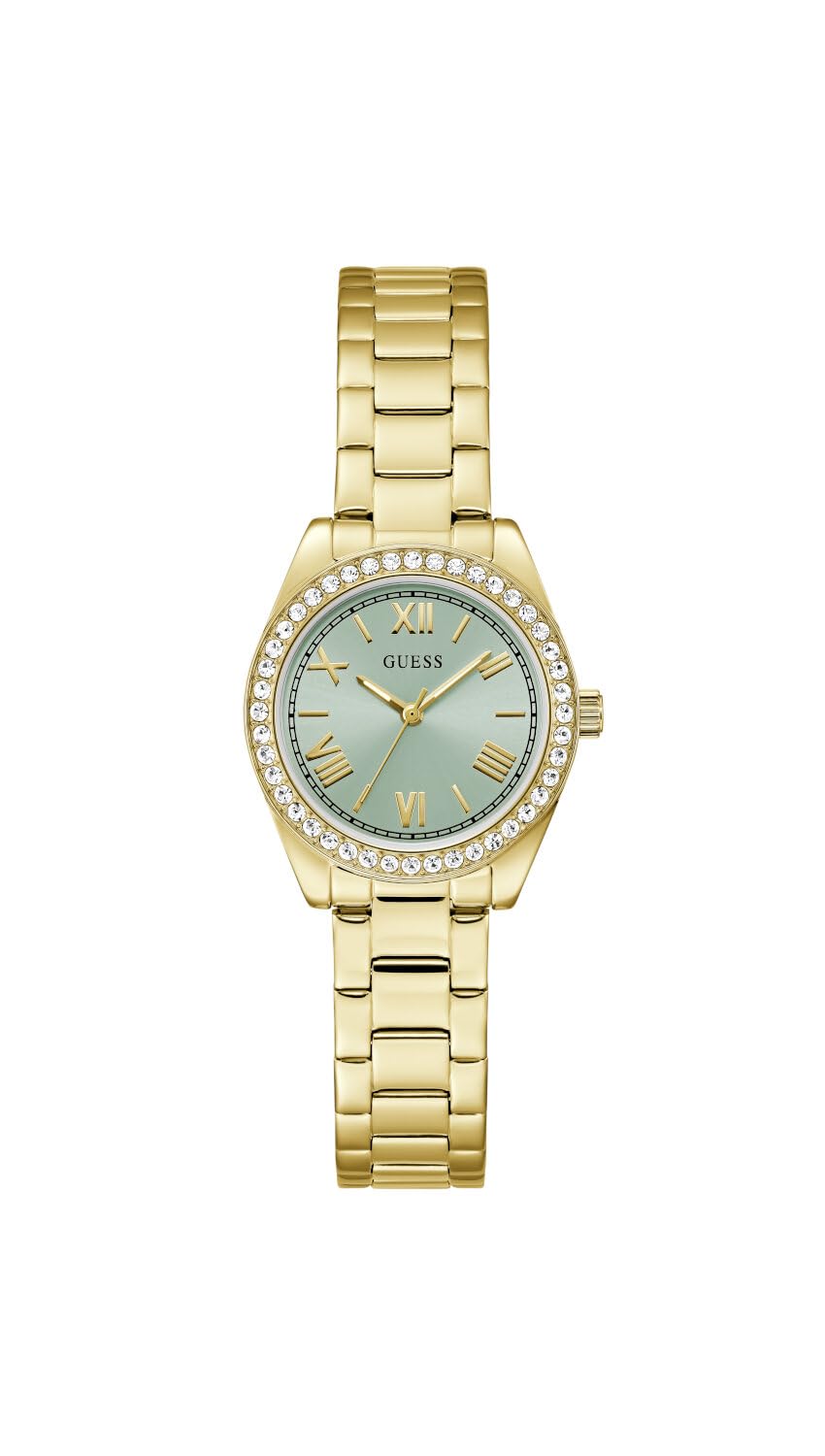 GUESS Damen Armbanduhr MINI Luna mit Zirkonia, goldfarbenes Edelstahlarmband, Mineral Glas, türkisfarbenes Ziffernblatt, 3 Bar, Gehäusedurchmesser: 30 mm, GW0841L5
