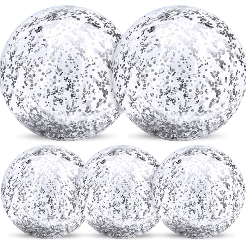 TURNMEON 5 Pack Sequins Beach Balls Pool Toys Balls 16 Inch 24 Inch Confetti Glitters Inflatable Clear Beach Ball Swimming Pool Water Beach Toys Summer Outdoor Party Favors for Kids Adults