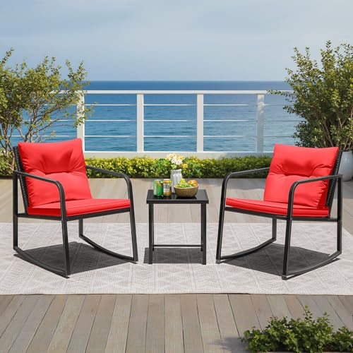 Image of Greesum 3 Pieces Rocking Wicker Bistro Set,Patio Conversation Sets,Red