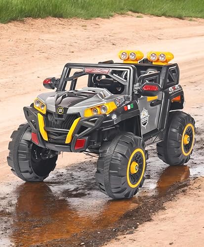 Image of Driving EV Cars for 1, 2, 3, 4, 5, 6 Years | Remote + Steering + Mobile App Control | Kids Jeeps (Jumbo Size KAB2188 [1-8 Year Kids], Silver /Yellow)
