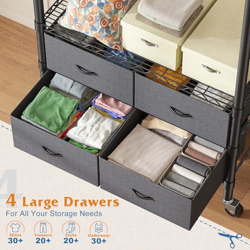 Image of Raybee Clothes Rack Heavy Duty Clothing Rack with Rolling Wheels & 4 Drawers, Clothing Racks for Hanging Clothes with Drawers, Black