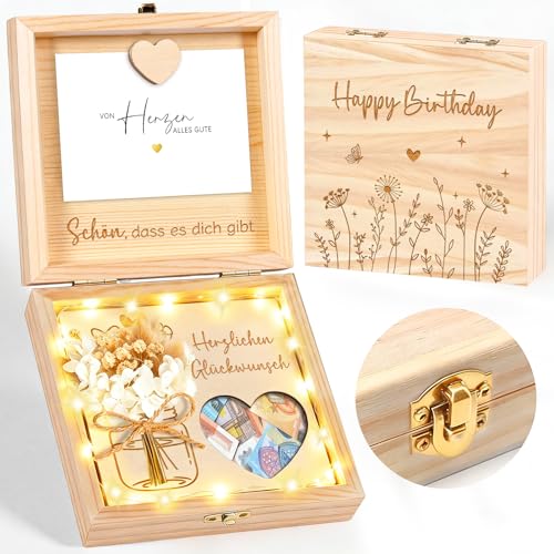 Geldgeschenke Geburtstag Geldgeschenke Verpackung aus Holz Geschenkverpackung Geburtstag Geschenkbox mit LED Lichterkette Geburtstagsgeschenk für Frauen Männer Mädchen Jungen