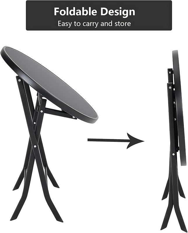 Image of Round Outdoor Tempered Glass Top Dining Table - Modern Foldable Patio Coffee Bistro Table for Garden, Balcony, Lawn, Backyard, Terrace, Deck or Poolside Use (1Pcs)