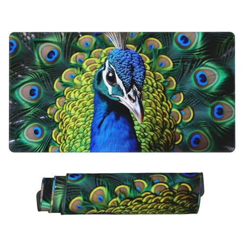 Tapis d'écriture pour bureau paon bleu premium aux bords cousus
