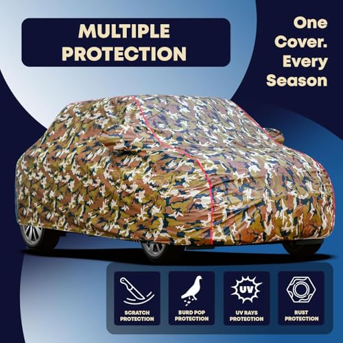 Image of Kerwa Car Body Cover Waterproof Compatible with TATA Indigo ECS | Scratch Proof, Anti-Dust, UV Protection | Windproof Buckle Strap | Fitted Bottom Elastic | Side Mirror Pockets-Jungle