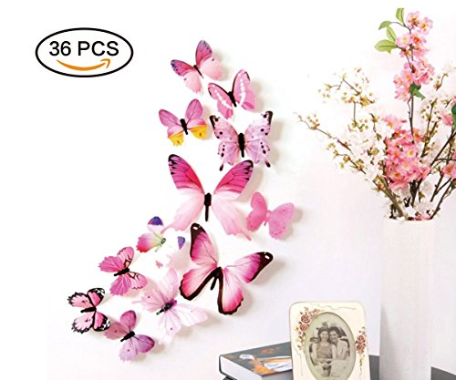 36Pcs Butterfly Wall Decals - 3D Butterflies Wall Stickers Removable Mural Decor Wall Stickers Decals Wall Decor Home Decor Kids Room Bedroom Decor Living Room Decor- Pink #TOP3