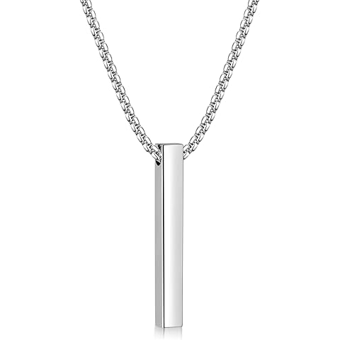 Fiusem Pendant Necklace for Men, Silver Tone/14k Gold Plated/Black Mens Penddant Necklaces with 2.5 mm Box Chain, Stainless Steel Bar Chain, 18-28 Inches