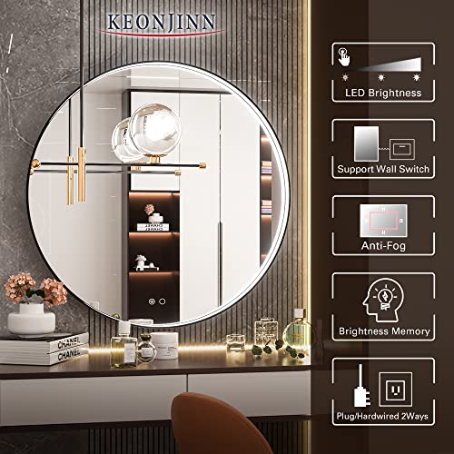 Keonjinn Led Mirror For Bathroom, 32 Inch Round Bathroom Mirror With Lights, Circle Black Metal Framed Frontlit Vanity Mirror, Wall Mounted Anti-Fog Dimmable Makeup Mirror For Bedroom, 6000K, Cri≥90 #TOP7