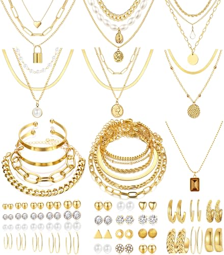 Image of FAXHION 68 Pcs Gold Jewelry Set for Women with 7 Necklace, 17 Bracelet, 5 Hoop Earrings, 15 Stud Earrings, 24 Knuckle Rings for Women Jewelry Set for Women Gift