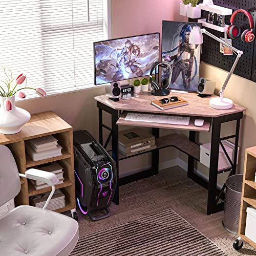 Vecelo Corner Computer Desk Writing Smooth Keyboard Tray & Storage Shelves,Compact Home Office Triangle Table, Rustic Natural Brown #TOP2