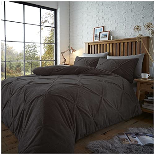 Pinch Pleat Duvet Cover, Easycare Diamond Bedding Single Bed Set, Soft and Cozy Teddy Quilt Covers, Charcoal