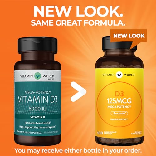 Vitamin World Vitamin D3 5000 IU 100 Softgels, Mega-Potency, Bioavailable, Promotes Bone Health, Helps Support Immune System, Rapid-Release, Gluten... - Image 3